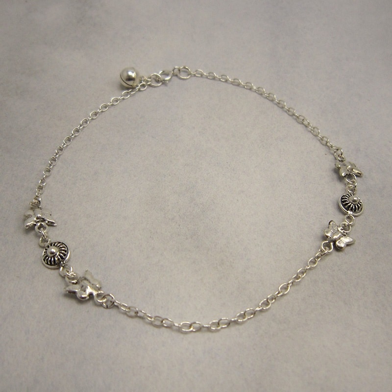 sterling silver chain anklet with butterflies and dome detail
