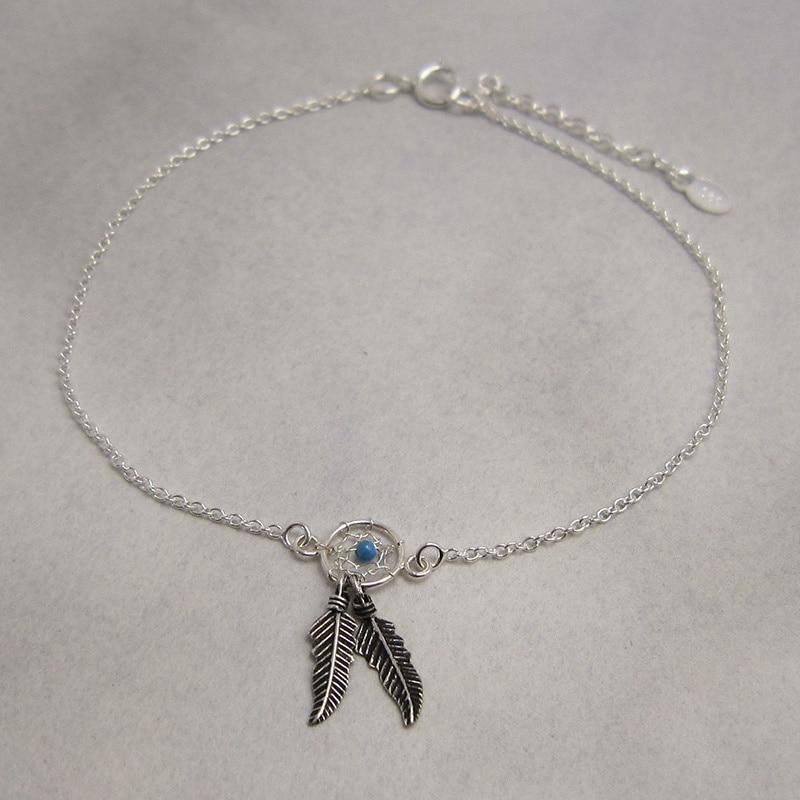 sterling silver chain anklet with dream catcher and feather drops