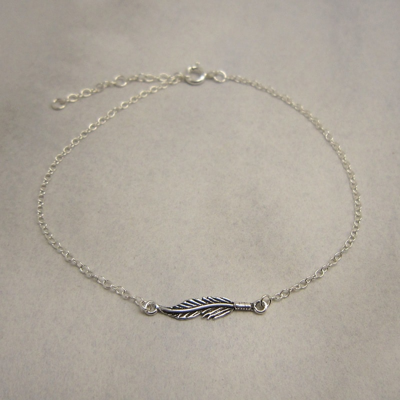 sterling silver chain anklet with feather detail