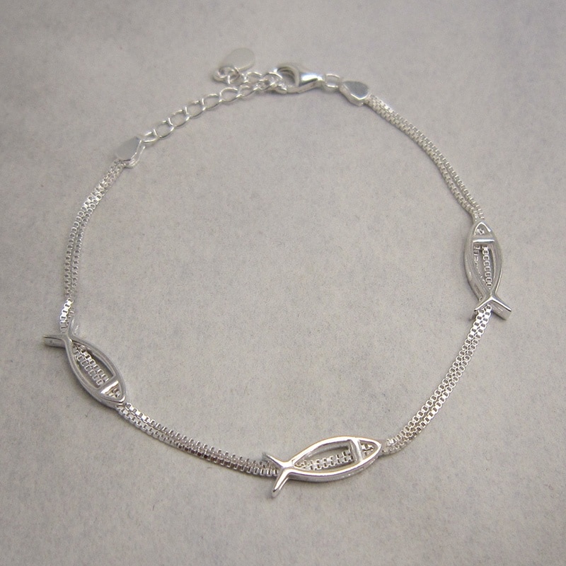 sterling silver double box chain with 3 fish