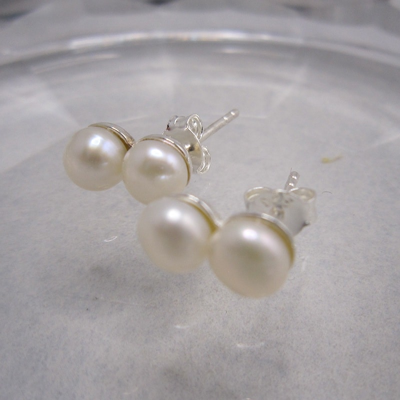 Sterling Silver Double Freshwater Pearl Stud Earrings - Image 2