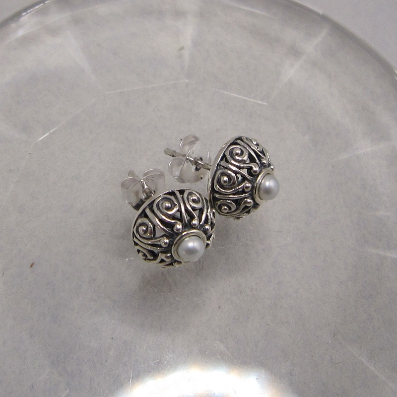 Sterling Silver Filigree Stud Earrings with Freshwater Pearls - Image 2