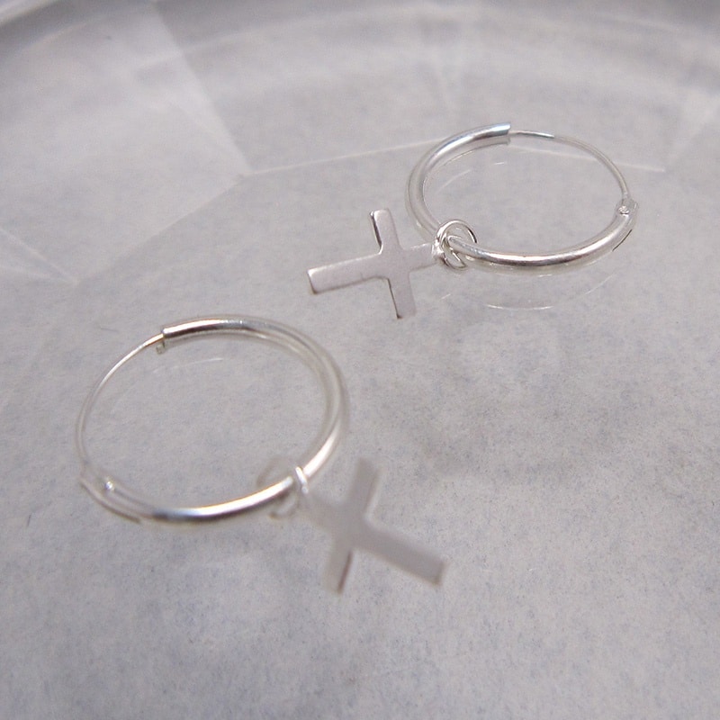 Sterling Silver Hoop Earrings with Cross Drop - Image 2