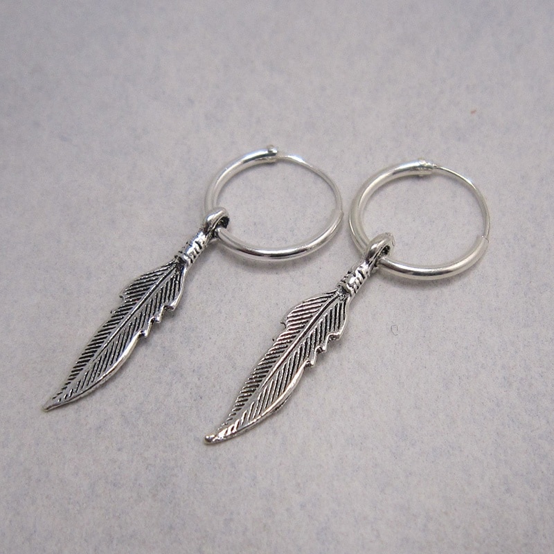 Sterling Silver Hoop Earrings with Feather Drop - Image 2