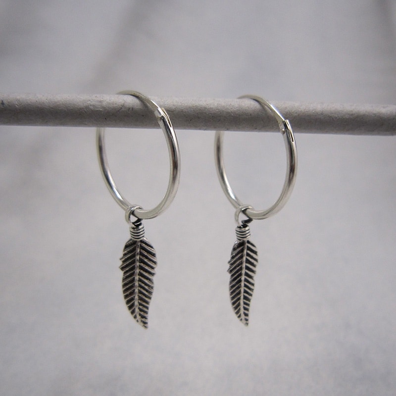 sterling silver hoop earrings with feather drops