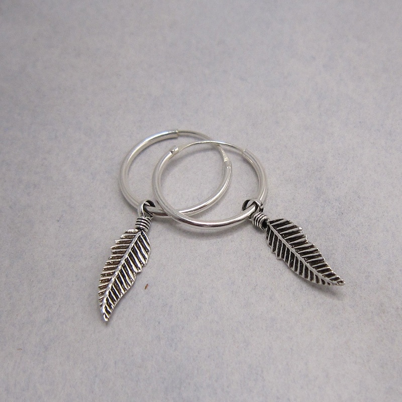 Sterling Silver Hoop Earrings with Feather Drops - Image 2