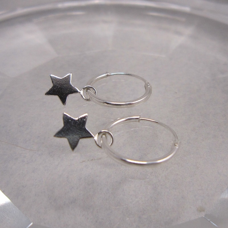 Sterling Silver Hoop Earrings with tiny Stars Drops - Image 2
