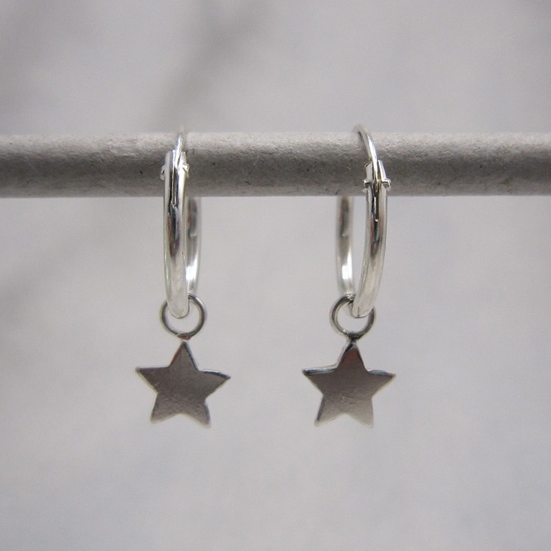 sterling silver hoop earrings with tiny stars drops